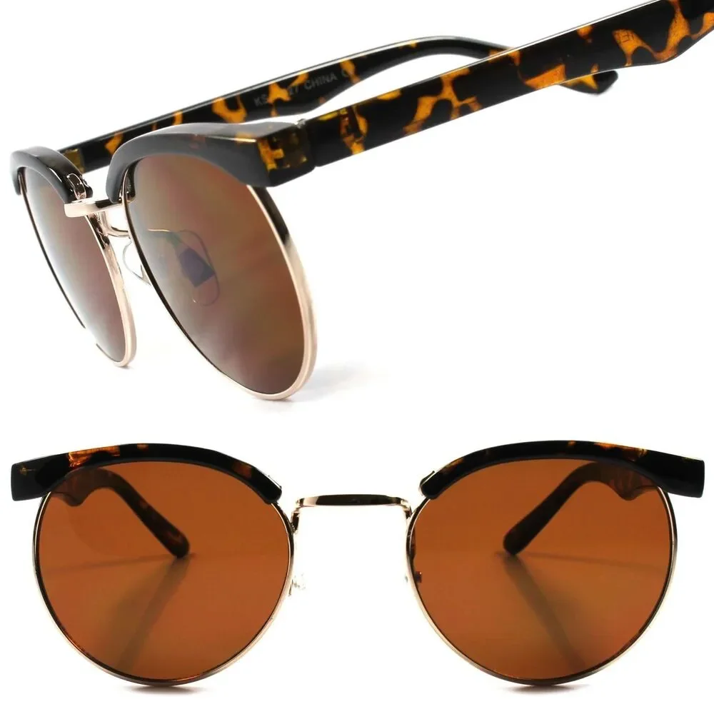 Classic Retro Fashion Mens Womens Semi Rimless Tortoise Round Circle Sunglasses